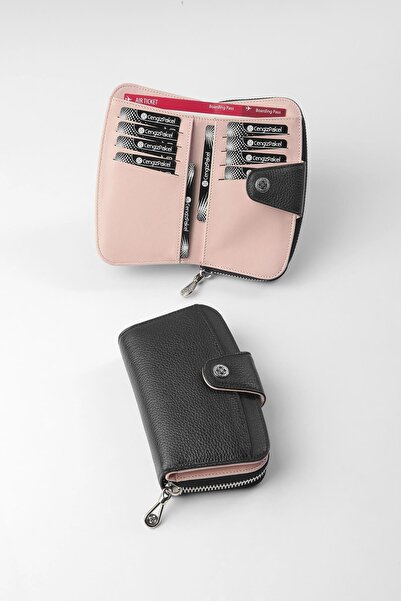 CENGİZ PAKEL Nora Genuine Leather Women's Medium Wallet - 65310 - Black/Brick