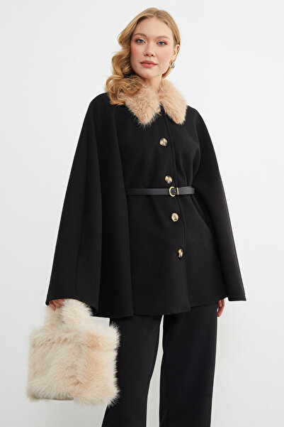 Fulla Moda Faux Fur Collar Poncho with Belt Detail