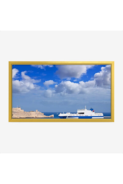 Tajridhome لوحة بحر بألوان زرقاء وصافية مع سفينة بيضاء وسحب جميلة، طبيعة، كان...