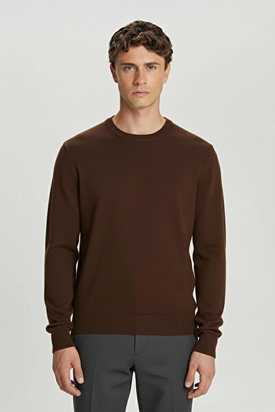 Sabri Özel Standart Fit Kiremit Yünlü Bisiklet Yaka Triko Kazak