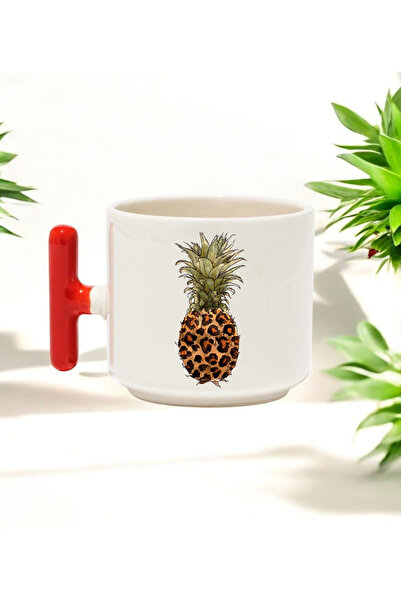 BB TRADE كوب سيراميك بتصميم ليوبارد أناناس أحمر بمقبض على شكل حرف T سعة مطبوع مل