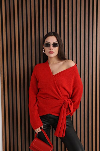 İgnites Red Double-Breasted Tie-Up Soft Knitwear Cardigan-Igni̇tes-00047