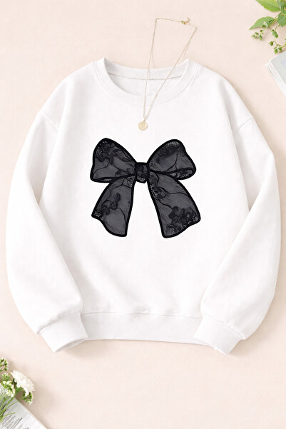 PERISENSE Black Patterned Ribbon Printed Crew Neck Sweatshirt