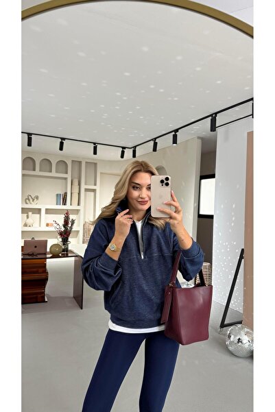 Sezgi Tekin Hanorac din denim albastru închis din seria Premium guler ridicat