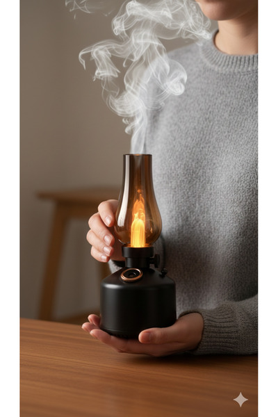 AAA Gaz Lambası Görünümlü Vintage Buhardanlık - Şarjlı Led Işıklı - Gece Lamb...