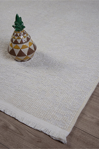 ANUTYA HOME Beyaz Şönil Kilim Saçaklı Tozumayan Makinede Yıkanabilir Kaymaz T...