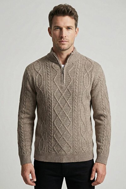 Sabri Özel Vizon Regular Fit Yünlü Desenli Fermuarlı Yarım Balıkçı Yaka Triko...