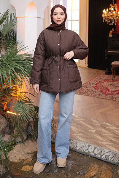 İmajButik Brown Quilted Patterned Lined Snap Fastener Jacket