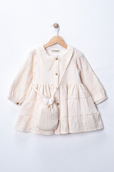 Seramis Girl's Muslin Fabric Dress with Bag 100% Cotton – Collared, Long Slee...
