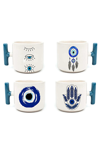 Mio Life Evil Eye Themed Printed 4-Piece Motto Handmade Blue Color T-Handled Cup