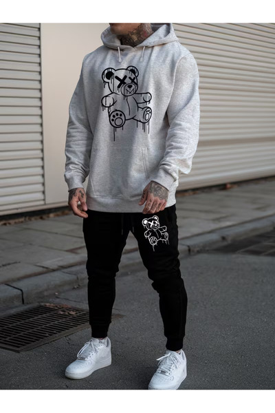 Sweet Cotton Men's Hooded winter bear Printed tracksuit set - top and bottom