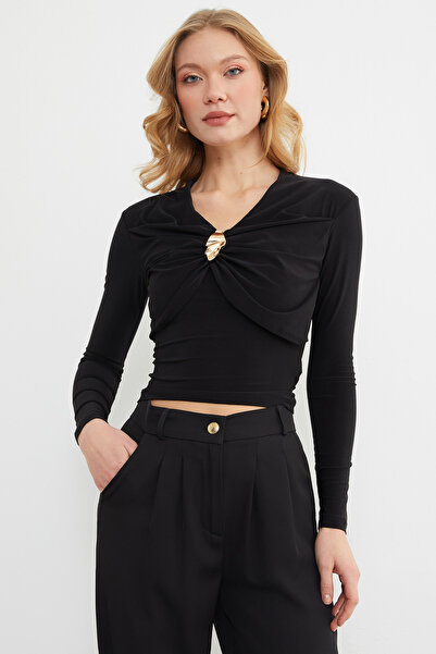 Fulla Moda Draped Buckle Detailed V-Neck Blouse