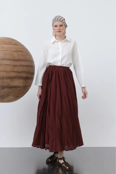 idimilla Bupel Women's High Waist Back Zipper Wrinkled Wide Cut Vural Skirt