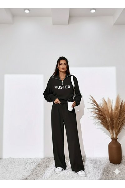 CANDERO Winter Fleece-Lined Women's 2-Piece (Black + Grey) Sweatpants with Cotton Inside, Loose Fit, Baggy, Plus Size, with Pockets