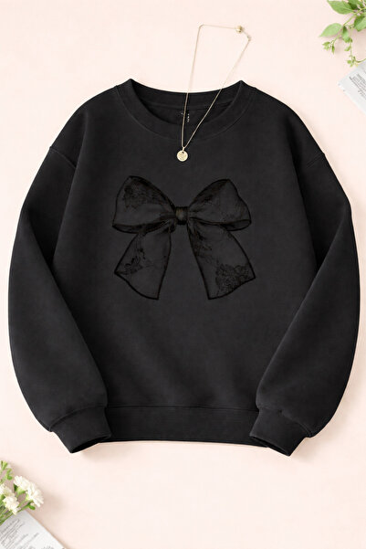 PERISENSE Black Patterned Ribbon Printed Crew Neck Sweatshirt