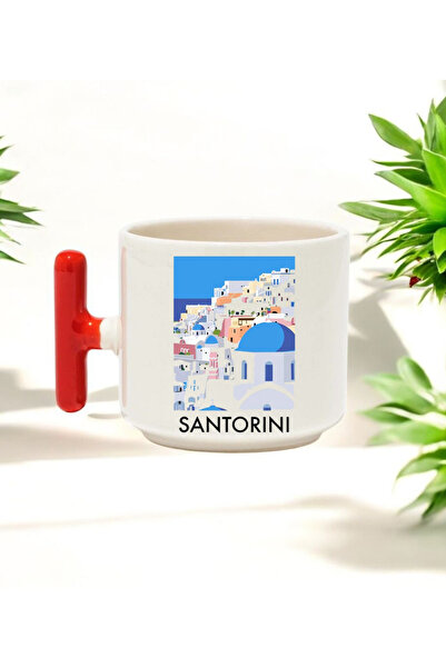 BB TRADE كوب سيراميك بتصميم سانتوريني بمقبض أحمر مطبوع سعة 250 مل