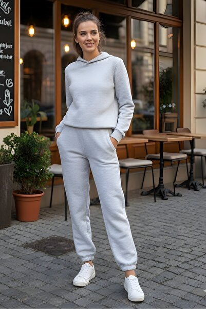 İmajButik Ανοιχτό γκρι Σετ αθλητικής φόρμας τριών κλωστών Şa επένδυση fleece ...