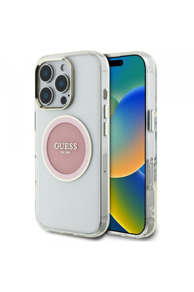 Guess Magsafe case for apple iphone 16 pro, guess, iml metal color circle, pink
