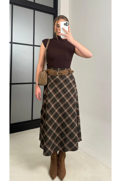 My Blog Brown 100% Cotton Suede Belted Slit Plaid Skirt - 3365
