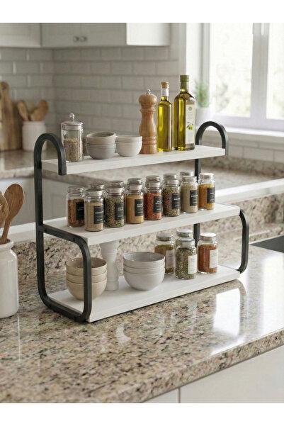 Boss Group Siyah Metal Ayaklı Beyaz 3 Katlı Mutfak Rafı Tezgah Üstü Stand Bah...