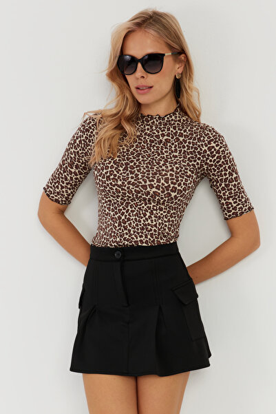 NEW JOURNAL Kadın Camel-Siyah Leopar Desenli Bluz LPP1264
