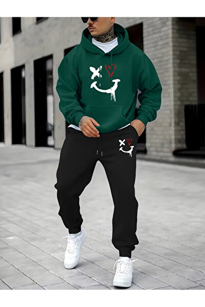 Sweet Cotton Men's Hooded Winter Smıle Printed Tracksuit Set-Top and Bottom Set