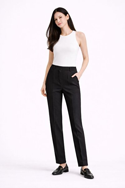 MG GİYİM STORE Women's Classic Cut Fabric Trousers - Black/Camel