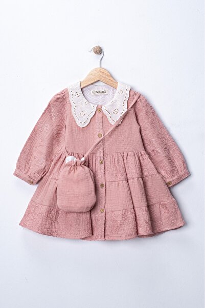 Seramis Kız Çocuk Müslin Kumaş Elbise Çantalı %100 Pamuk – Yakalı, Uzun Kollu...