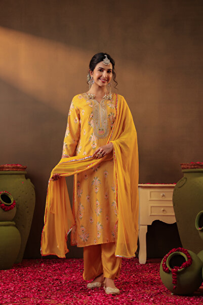 PRIYA'S PANACHE Yellow Chanderi Silk Straight Kurta Set for Women with Chiffon Dupatta–Indian Ethnic Festive Wear
