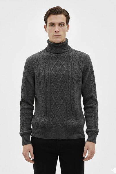 Sabri Özel Antrasit Regular Fit Yünlü Desenli Tam Balıkçı Yaka Triko Kazak