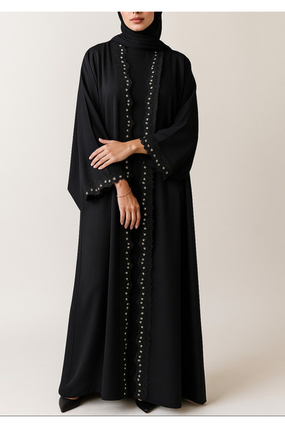 MayaCloset Premium Long Black Nidah Cap Ferace Abaya with Elegant Lace Trim