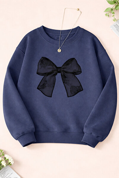 PERISENSE Black Patterned Ribbon Printed Crew Neck Sweatshirt