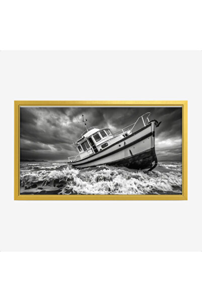 Tajridhome A nautical painting with a ship being tossed about by waves under a cloudy sky, reflecting a dramatic atmosphere, inanimate objects and landmarks, canvas.