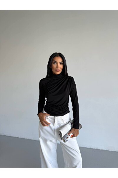 Cuyka Women Asymmetrical Neckline Draped Long Sleeve Sandy Fabric Blouse