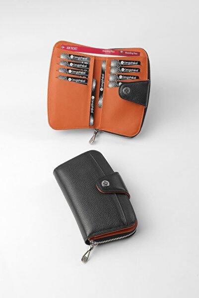 CENGİZ PAKEL Nora Genuine Leather Women's Medium Wallet - 65310 - Black/Brick