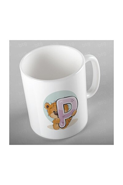 Mio Life Letter P and Cute Teddy Bear Printed Porcelain Mug - Anı021