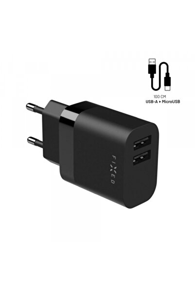 FIXED Incarcator Retea Cu Cablu microUSB Fixed, 17W, 3A, 2 x USB-A, Negru
