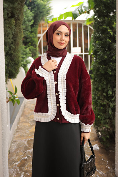 İmajButik Burgundy Pleated Angora Soft Knit Cardigan with Stone Detail