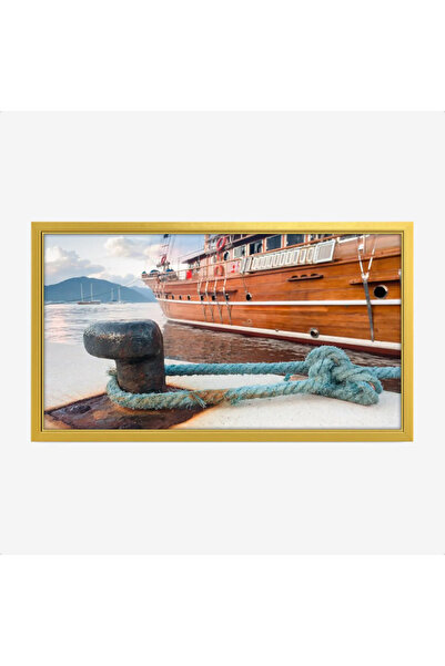 Tajridhome A nautical painting depicting a floating wooden boat in warm colors and a calm atmosphere, reflecting the beauty of the sea, on canvas.