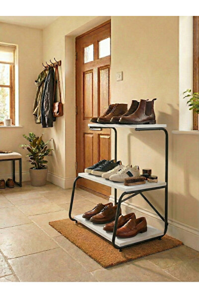 Boss Group Dekoratif 3 Katlı Metal İskeletli Ahşap Ayakkabılık Modern Antre R...