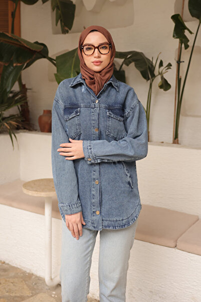 İmajButik Blue Pocket Laser Cut Denim Jacket