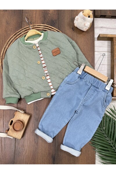 my petit panda Striped Sweatshirt with Quilted Jacket and Jeans Trousers 3-Pi...