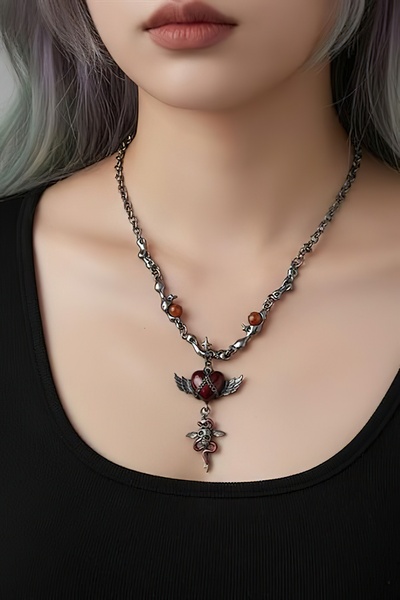 FG KONNİCHİWA Red Reaper Heart Skeleton Hand Chain Necklace Heart Guardian Pendant Claw Hand Choker Gothic