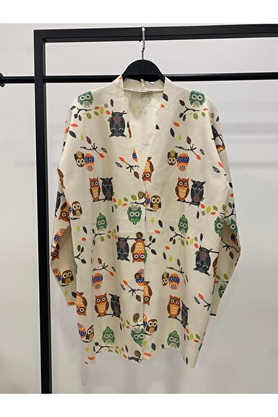 Hatun Atila Digital Printed Patterned V-Neck Buttoned Transitional Knitwear L...