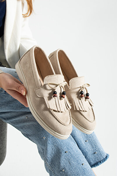 SHOW LİFE Women's Suede Loafer Shoes Casual Comfortable Shoes with Tassel and Bead Detail