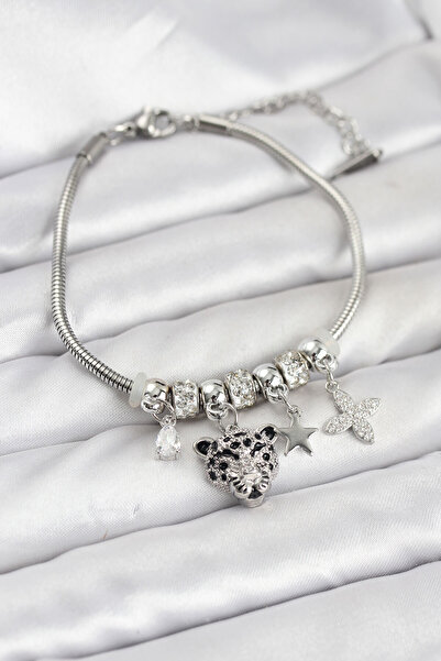 Clariss Brass Silver Color Tiger Model Charm Women's Bracelet -Blk-0777