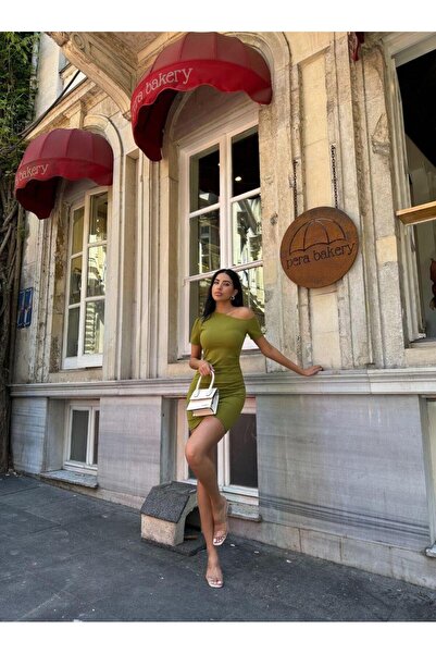 Modafeminen Asimetrik Yaka Mini Davet Elbise 582978 FISTIKYEŞİL