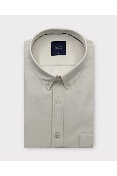 KAMER Regular Fit Long Sleeve Buttoned Collar Dobby Ecru Shirt 4078Ek