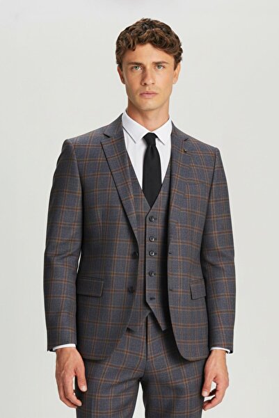 Sabri Özel Bordo Slim Fit Kareli Mono Yaka Yelekli Takım Elbise