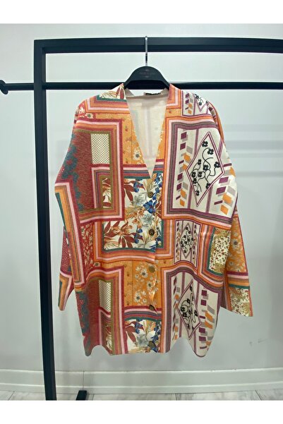 Hatun Atila Digital Printed Patterned V-Neck Buttoned Transitional Knitwear L...